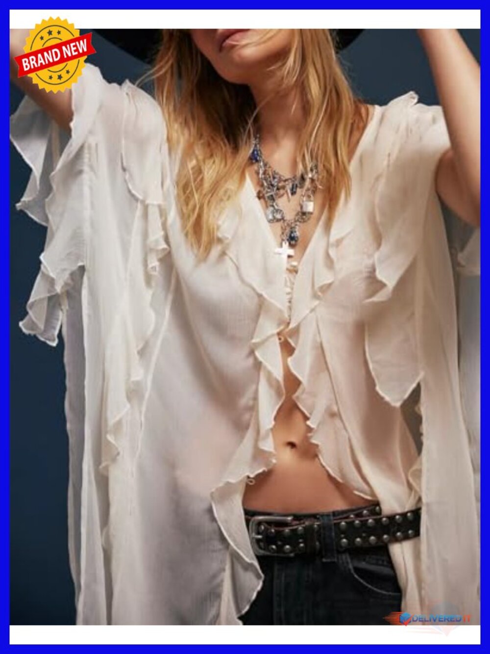 Sheer Flowy Kimono Cardigan Ruffle Front Button Down Longline Layering Top - Picture 3 of 4